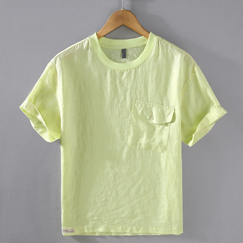 Buddha Stones Crew Neck Simple Design Men's Short Sleeve Linen Shirt With Pocket - GreenYellow - US/UK/AU42，EU52 (3XL) - image 11