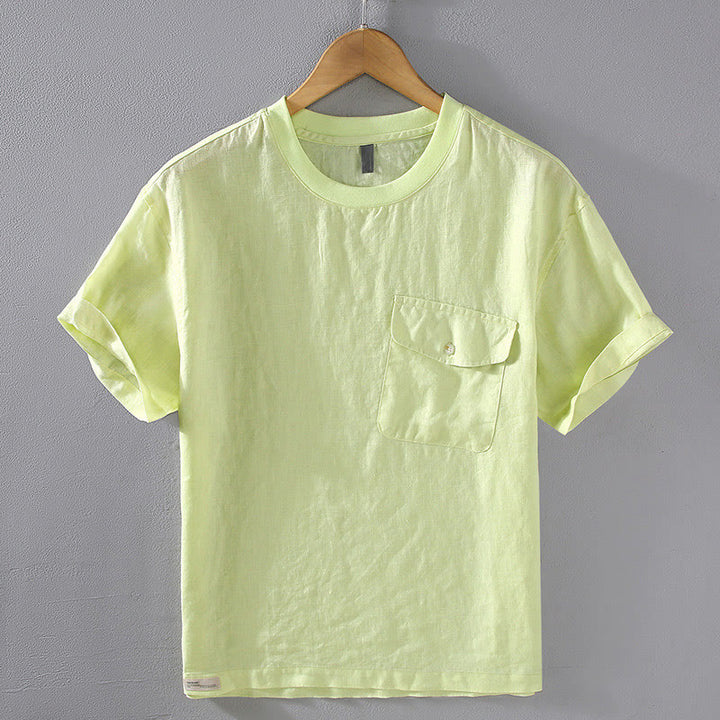 Buddha Stones Crew Neck Simple Design Men's Short Sleeve Linen Shirt With Pocket - GreenYellow - US/UK/AU42，EU52 (3XL) - image 11