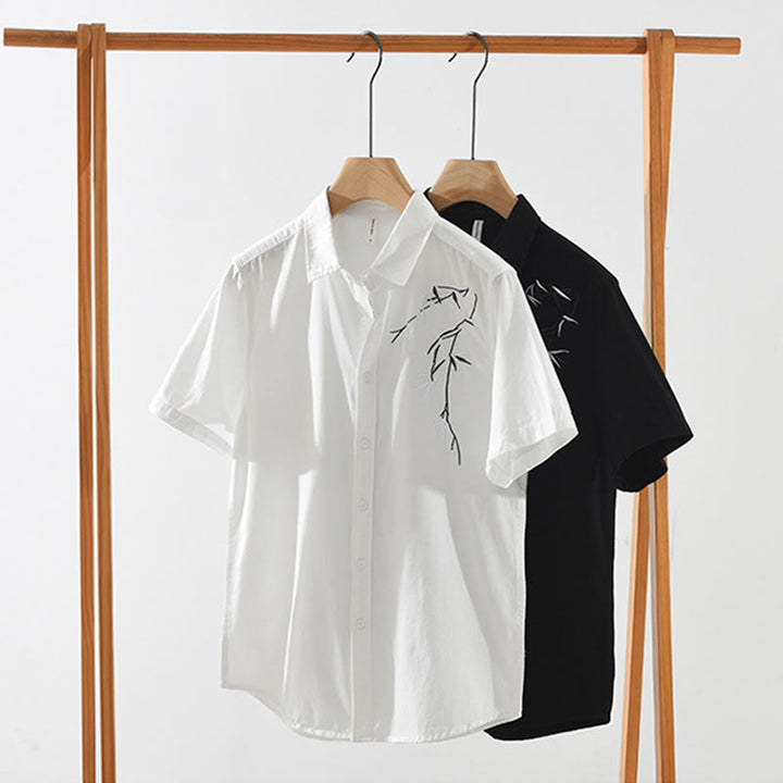 Buddha Stones Artistic Simple Design Embroidery Bamboo Pattern Men's Short Sleeve Cotton Shirt - image 15
