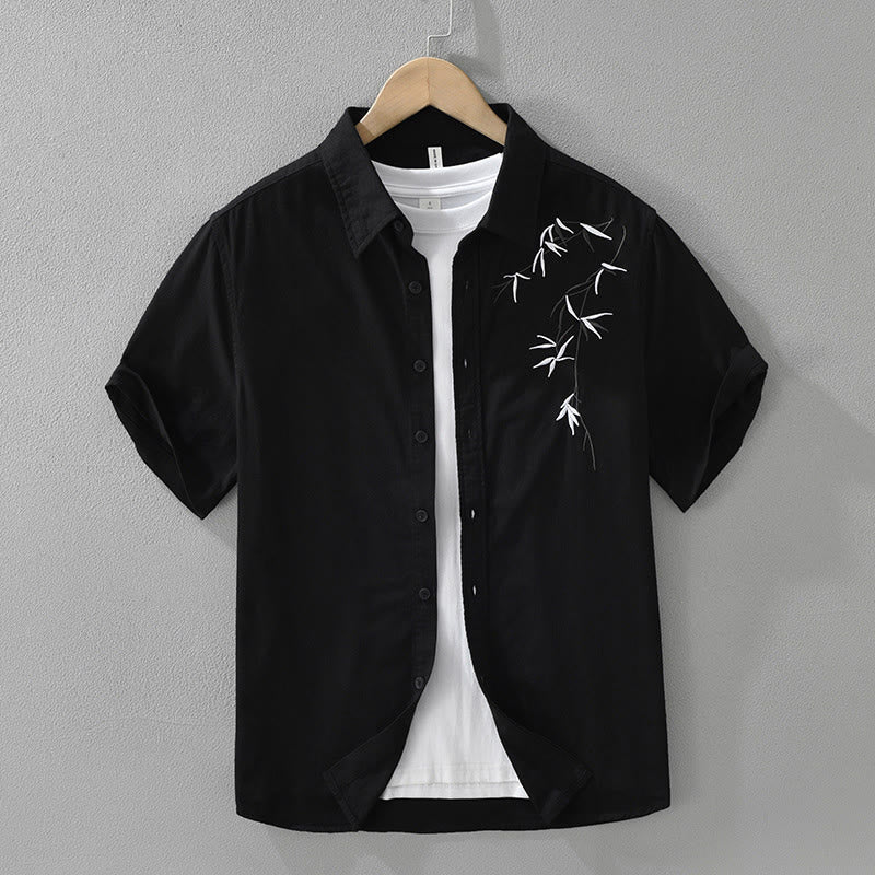 Buddha Stones Artistic Simple Design Embroidery Bamboo Pattern Men's Short Sleeve Cotton Shirt - Black - US/UK/AU42，EU52 (3XL) - image 1