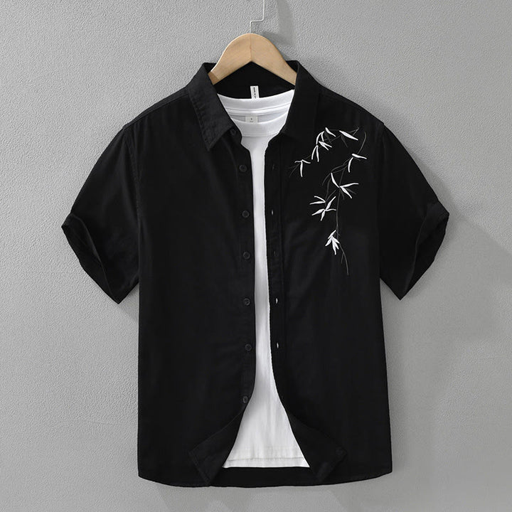 Buddha Stones Artistic Simple Design Embroidery Bamboo Pattern Men's Short Sleeve Cotton Shirt - Black - US/UK/AU42，EU52 (3XL) - image 1