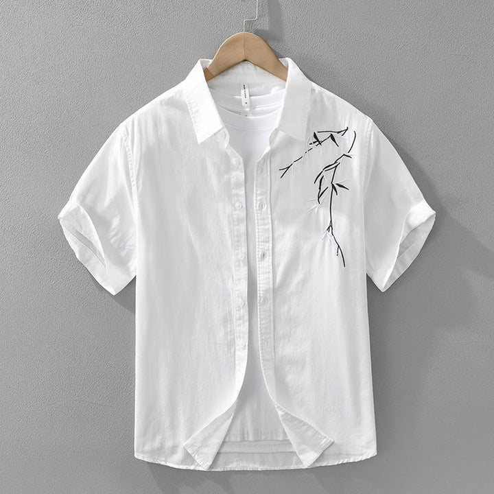 Buddha Stones Artistic Simple Design Embroidery Bamboo Pattern Men's Short Sleeve Cotton Shirt - White - US/UK/AU42，EU52 (3XL) - image 1