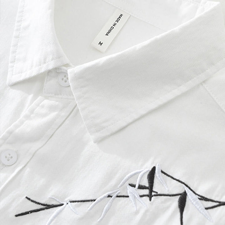 Buddha Stones Artistic Simple Design Embroidery Bamboo Pattern Men's Short Sleeve Cotton Shirt - image 6