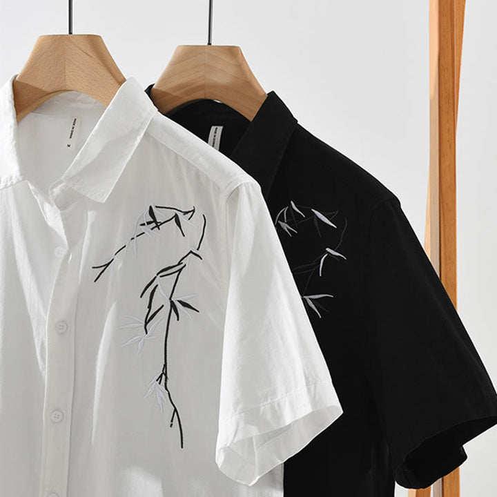 Buddha Stones Artistic Simple Design Embroidery Bamboo Pattern Men's Short Sleeve Cotton Shirt - image 16