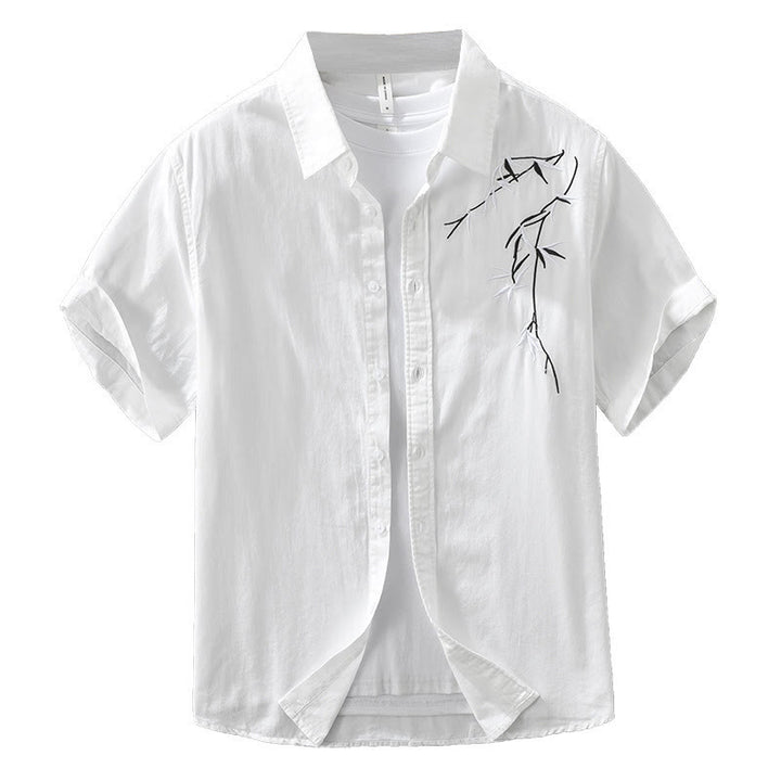 Buddha Stones Artistic Simple Design Embroidery Bamboo Pattern Men's Short Sleeve Cotton Shirt - image 14