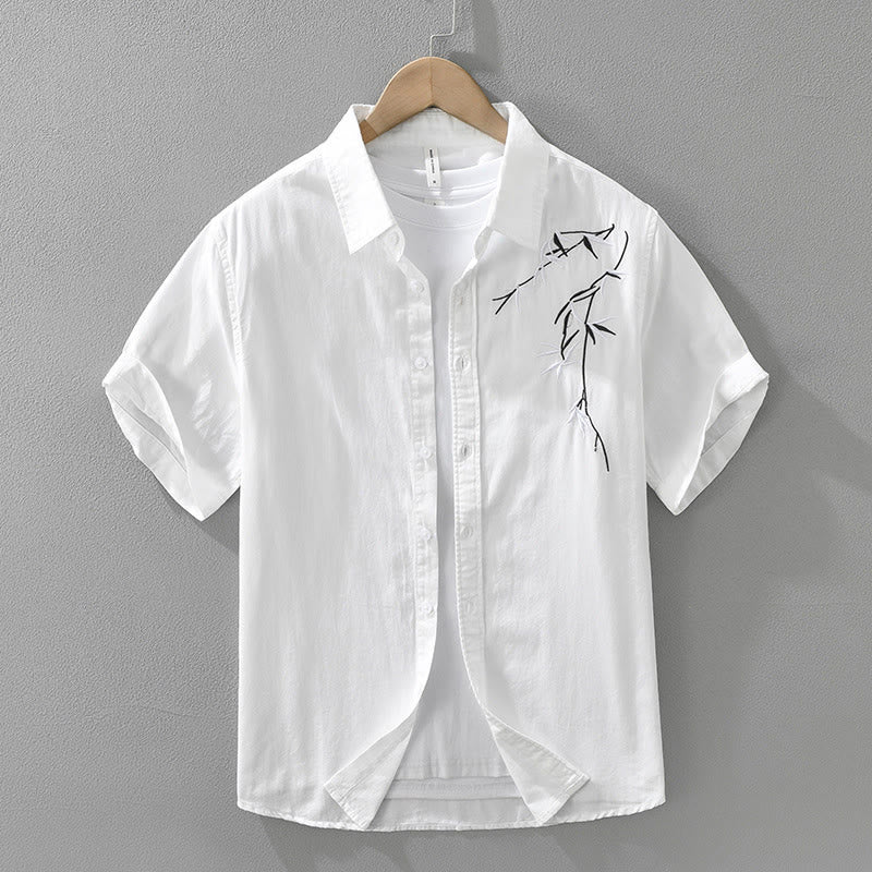 Buddha Stones Artistic Simple Design Embroidery Bamboo Pattern Men's Short Sleeve Cotton Shirt - White - US/UK/AU42，EU52 (3XL) - image 2