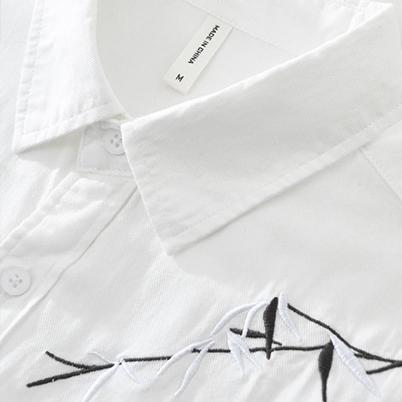 Buddha Stones Artistic Simple Design Embroidery Bamboo Pattern Men's Short Sleeve Cotton Shirt - image 5