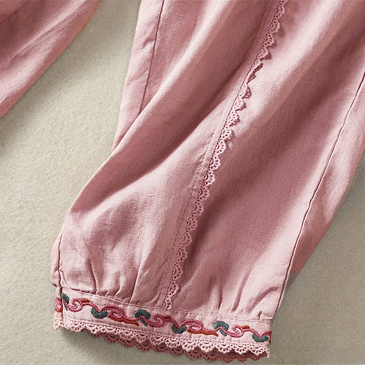 Buddha Stones Casual Plain Lace Side Design 7-8 Length Cotton Linen Women's Harem Pants With Pockets - image 14