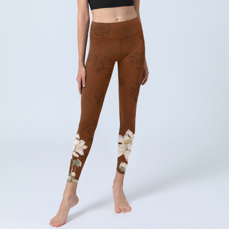 Buddha Stones Brown White Lotus Flower Print Gym Leggings Women's Yoga Pants - image 5