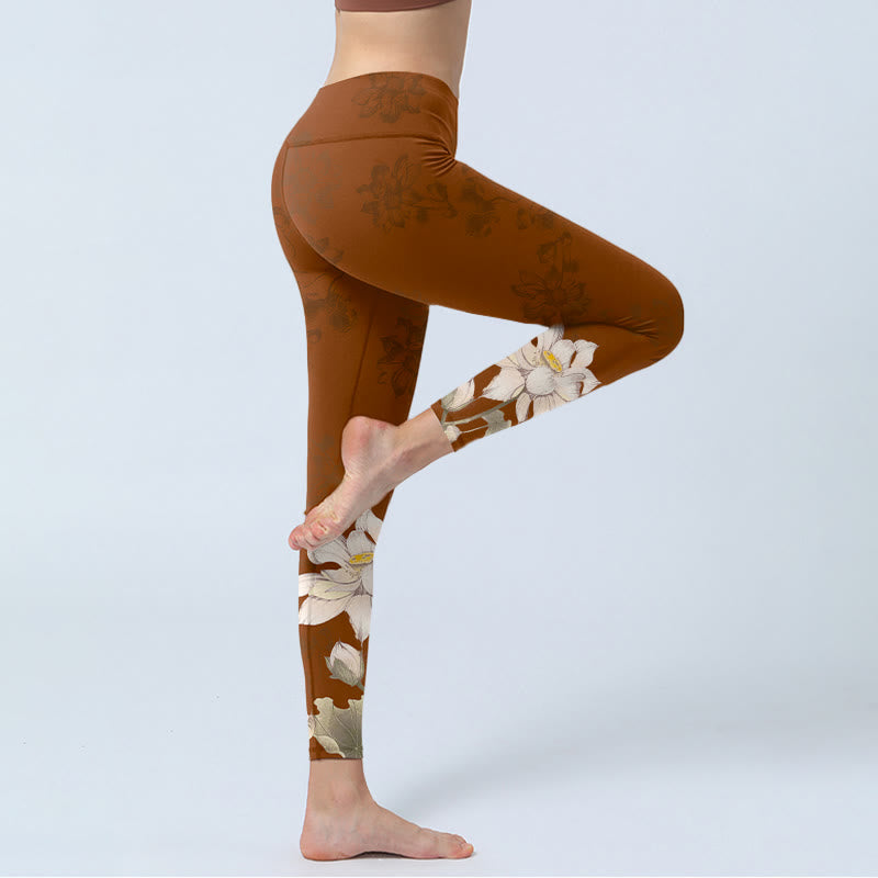 Buddha Stones Brown White Lotus Flower Print Gym Leggings Women's Yoga Pants - image 3