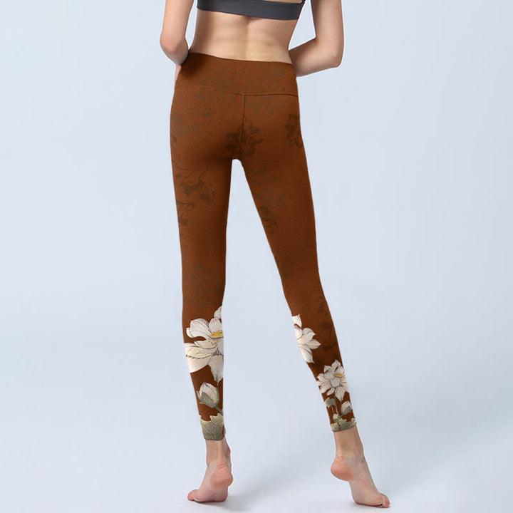 Buddha Stones Brown White Lotus Flower Print Gym Leggings Women's Yoga Pants - image 6