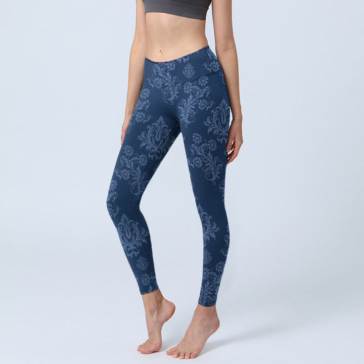 Buddha Stones Blue Floral Leaf Print Gym Leggings Women's Yoga Pants - SteelBlue - US18，UK/AU22，EU50 (4XL) - image 0