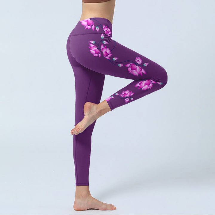 Buddha Stones Purple Pink Lotus Flower Print Gym Leggings Women's Yoga Pants - image 3