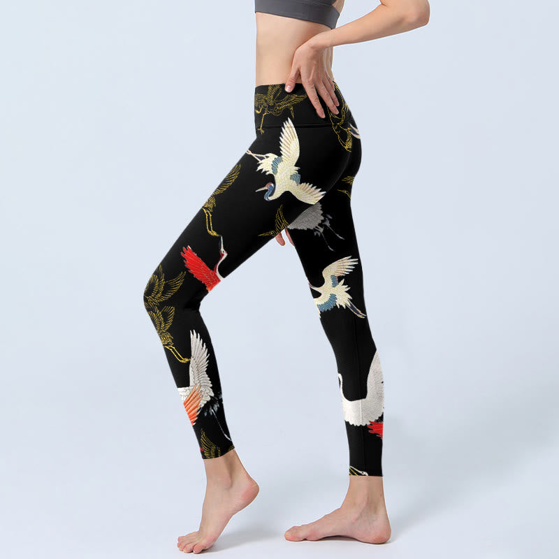 Buddha Stones White Red Gold Cranes Print Gym Leggings Women's Yoga Pants - image 2
