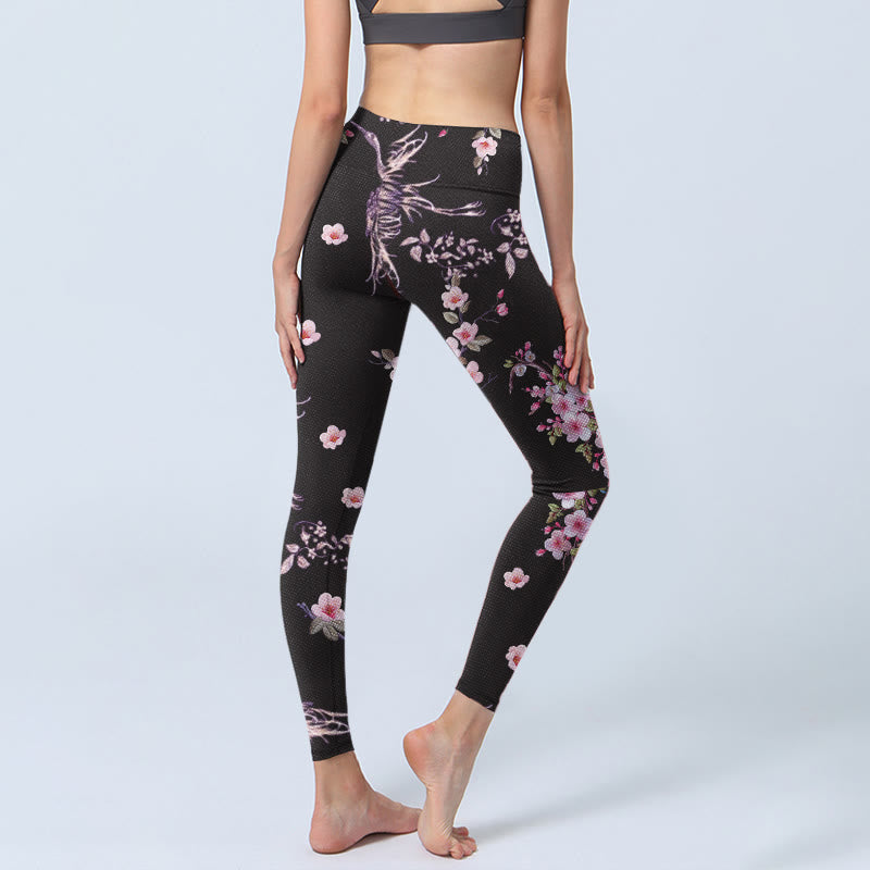 Buddha Stones Pink Flowers Flying Cranes Print Gym Leggings Women's Yoga Pants - image 4