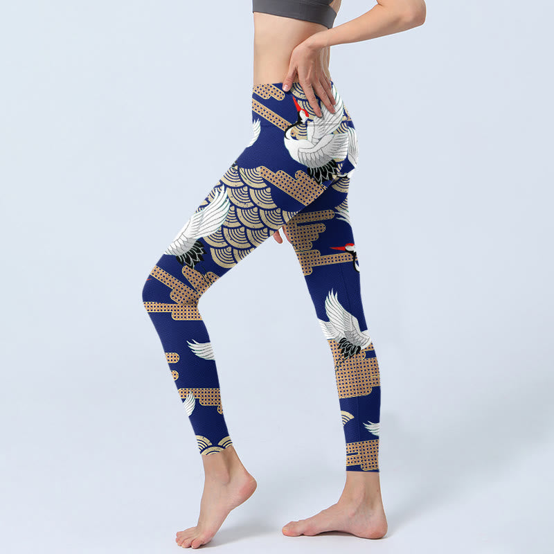 Buddha Stones Red-crowned Cranes Fan-shaped Auspicious Clouds Print Gym Leggings Women's Yoga Pants - image 2