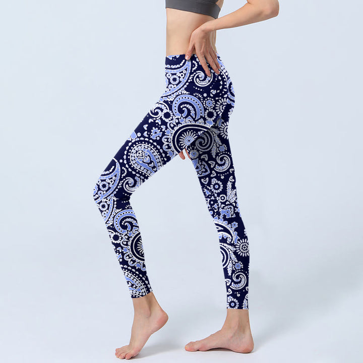Buddha Stones Purple Blue Cashew Flower Print Gym Leggings Women's Yoga Pants - image 2
