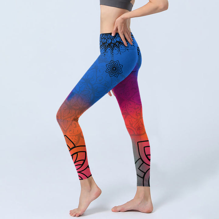 Buddha Stones Rose Red Blue Mandala Flower Print Gym Leggings Women's Yoga Pants - image 2