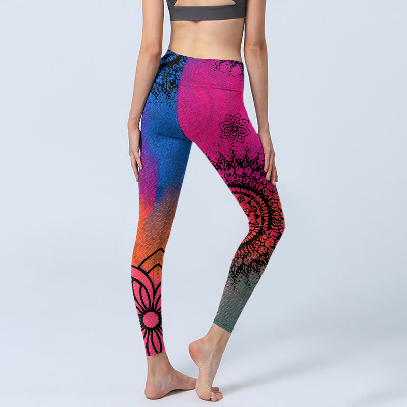 Buddha Stones Rose Red Blue Mandala Flower Print Gym Leggings Women's Yoga Pants - image 4