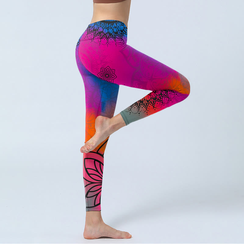 Buddha Stones Rose Red Blue Mandala Flower Print Gym Leggings Women's Yoga Pants - image 3