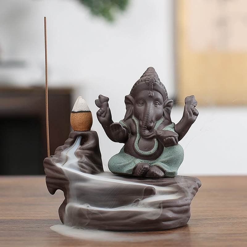 Buddha Stones Ganesh Elephant Purple Clay Backflow Smoke Fountain Protection Stick Incense Burner - Green 10.1*11cm - image 7