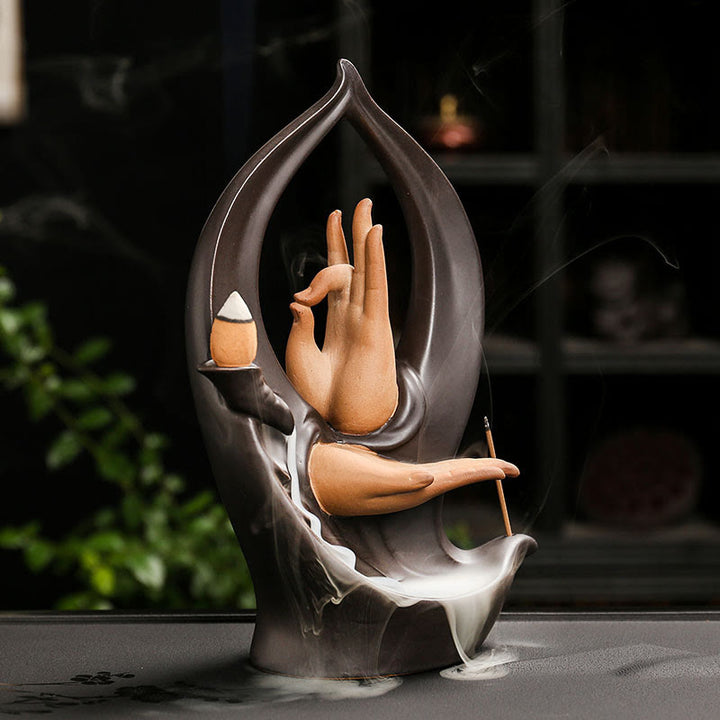 Buddha Stones Stairs Mountains Water Buddha Hand Ceramic Backflow Smoke Fountain Meditation Incense Burner Decoration - image 7