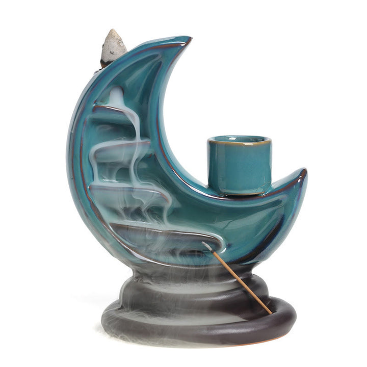 Buddha Stones Blue Crescent Moon Ceramic Backflow Smoke Fountain Meditation Candlestick Incense Burner Decoration - image 16