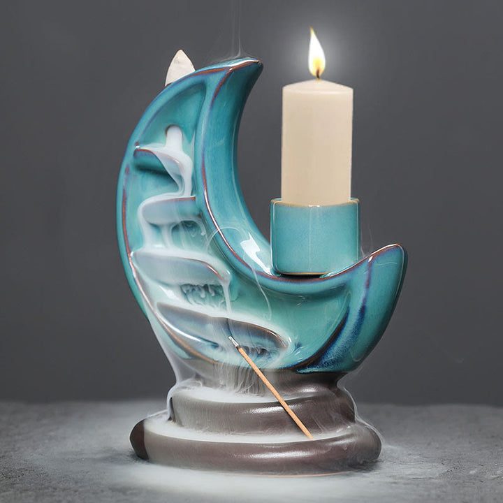 Buddha Stones Blue Crescent Moon Ceramic Backflow Smoke Fountain Meditation Candlestick Incense Burner Decoration - image 6