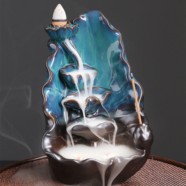 Buddha Stones Blue Lotus Leaf Ceramic Backflow Smoke Fountain Spiritual Incense Burner Decoration - image 4