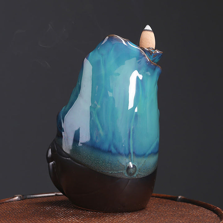 Buddha Stones Blue Lotus Leaf Ceramic Backflow Smoke Fountain Spiritual Incense Burner Decoration - image 3