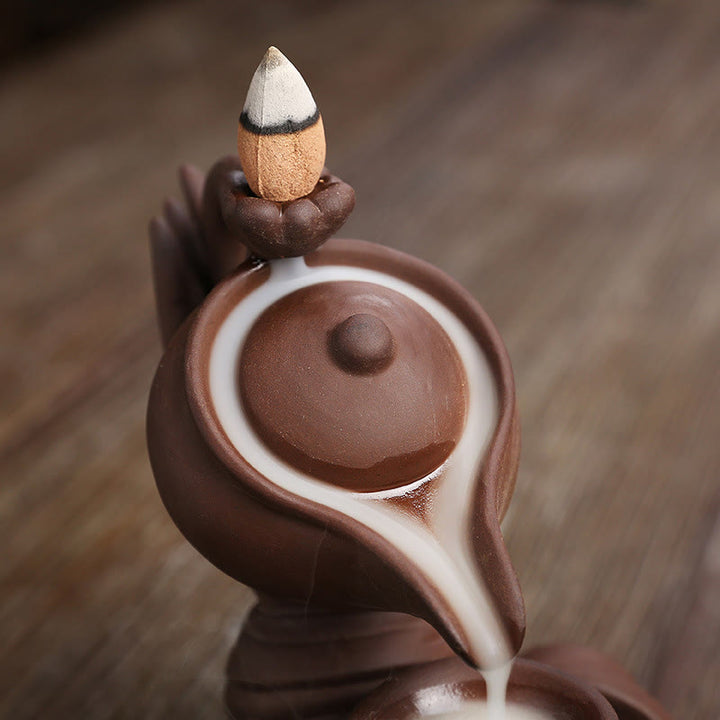 Buddha Stones Buddha Hand Holding Teapot Cup Ceramic Backflow Smoke Fountain Healing Incense Burner Decoration - image 16