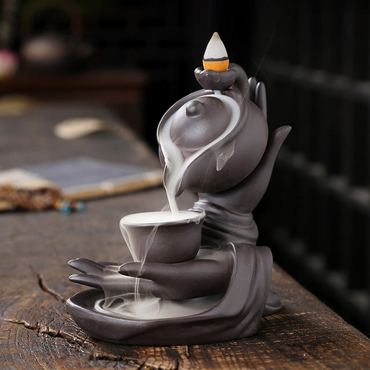 Buddha Stones Buddha Hand Holding Teapot Cup Ceramic Backflow Smoke Fountain Healing Incense Burner Decoration - image 4