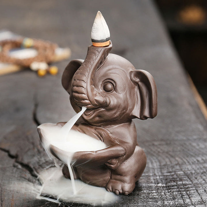 Buddha Stones Little Elephant Holding Leaf Purple Clay Backflow Smoke Fountain Healing Incense Burner Decoration - image 2