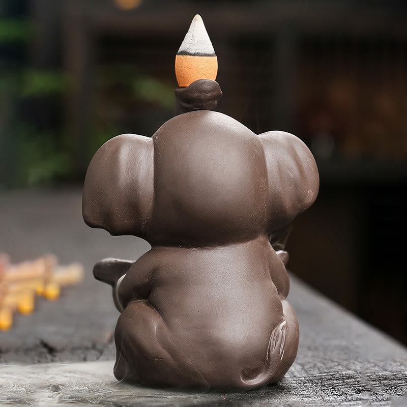 Buddha Stones Little Elephant Holding Leaf Purple Clay Backflow Smoke Fountain Healing Incense Burner Decoration - image 4