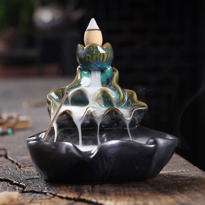 Buddha Stones Lotus Leaf Koi Fish Ceramic Backflow Smoke Fountain Peace Incense Burner Decoration - image 5