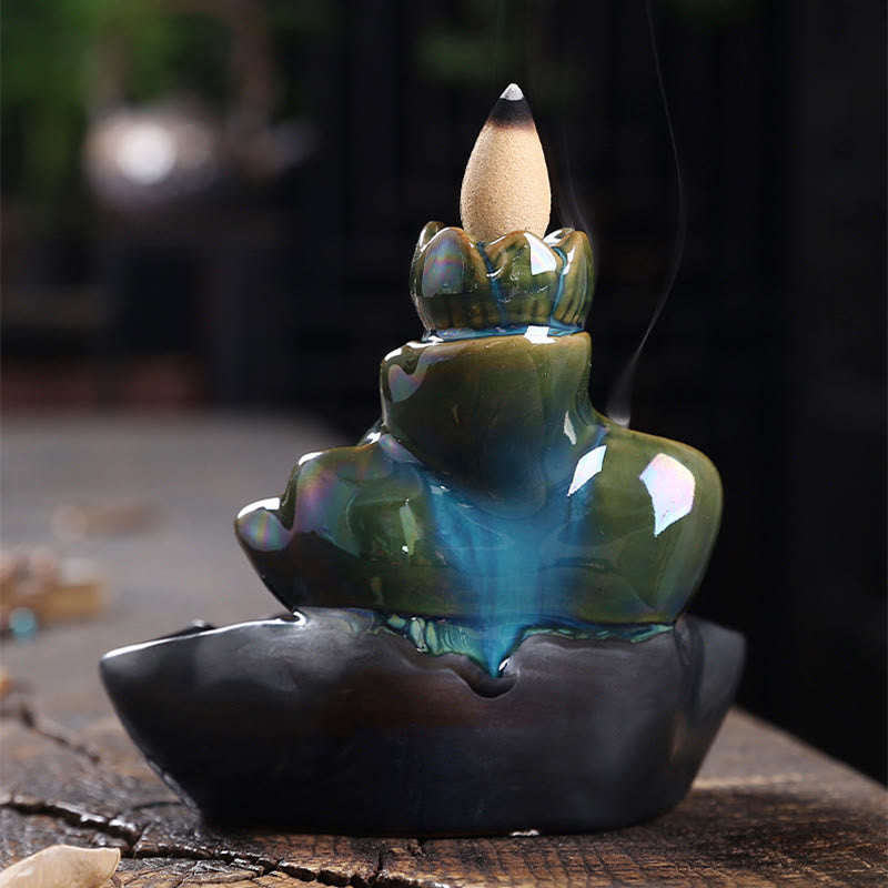 Buddha Stones Lotus Leaf Koi Fish Ceramic Backflow Smoke Fountain Peace Incense Burner Decoration - image 4