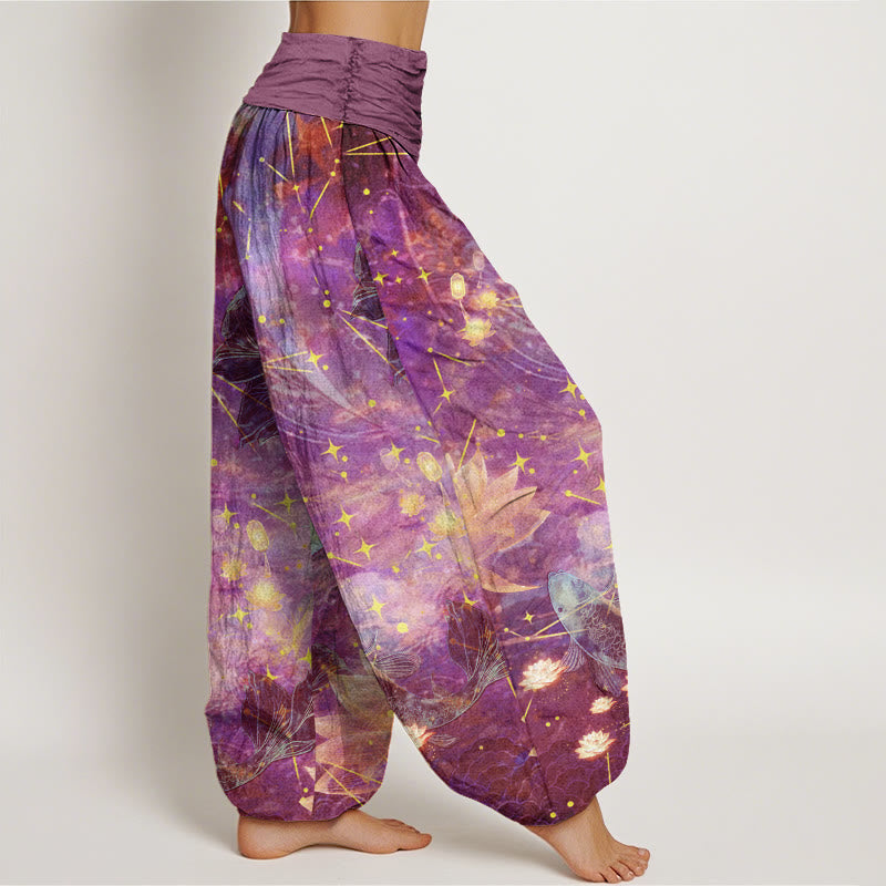 Buddha Stones Cotton Koi Fish Lotus Moon Stars Pattern Women's Elastic Waist Harem Pants - image 5