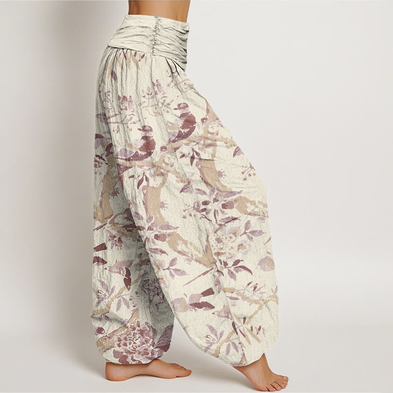 Buddha Stones Cotton Birds Branches Flowers Pattern Women's Elastic Waist Harem Pants - image 6
