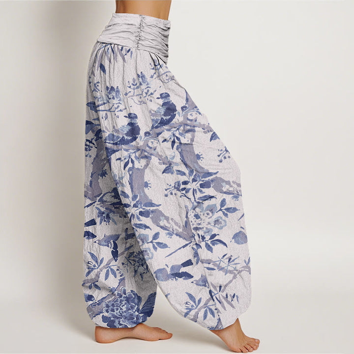Buddha Stones Cotton Birds Branches Flowers Pattern Women's Elastic Waist Harem Pants - image 7