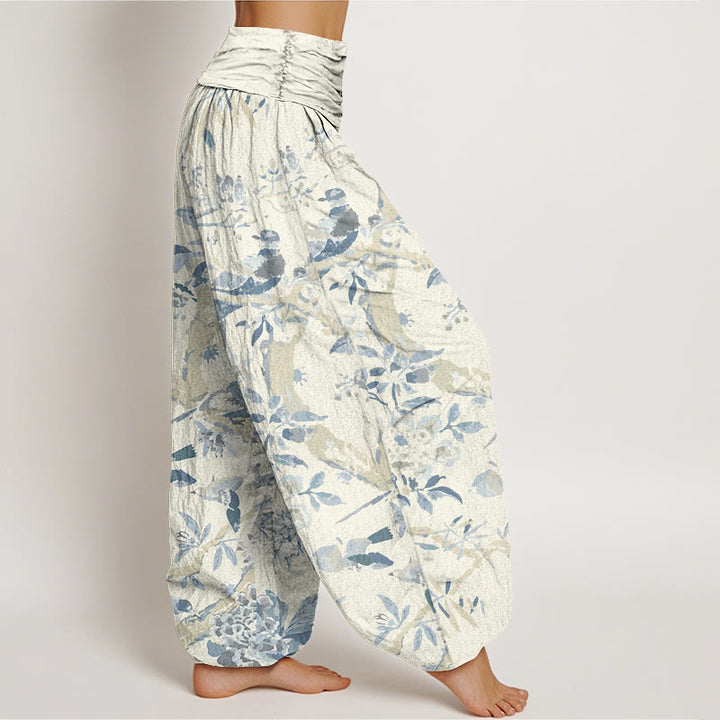 Buddha Stones Cotton Birds Branches Flowers Pattern Women's Elastic Waist Harem Pants - image 2