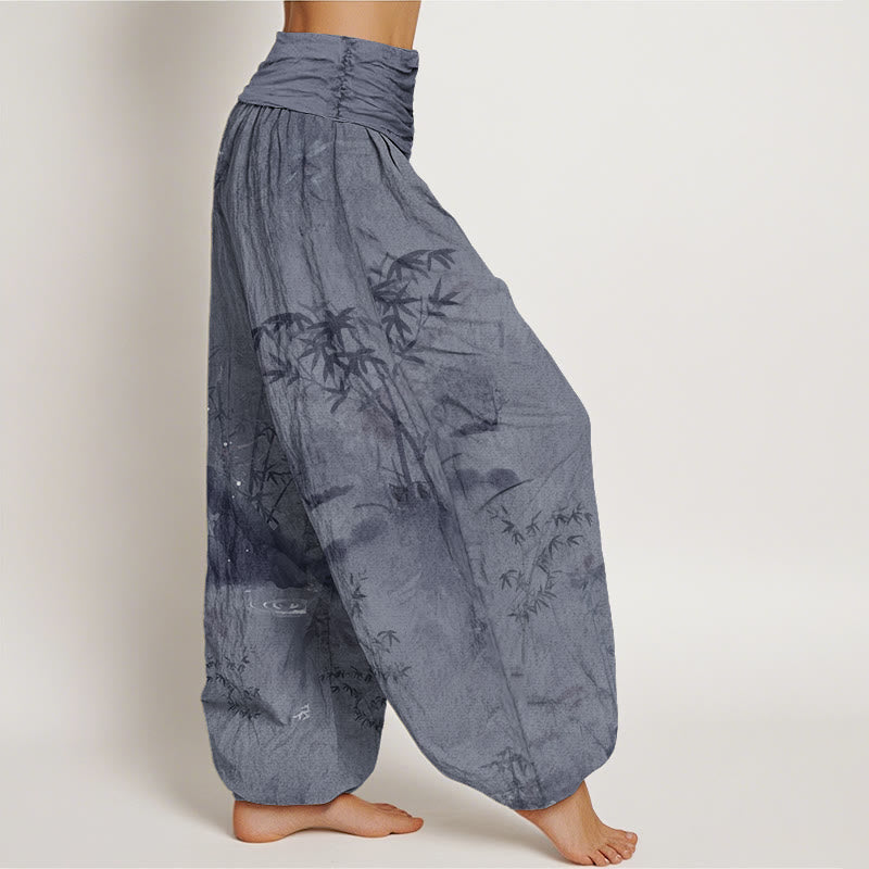 Buddha Stones Casual Bamboo Rock Ink Painting Women's Elastic Waist Harem Pants - image 1