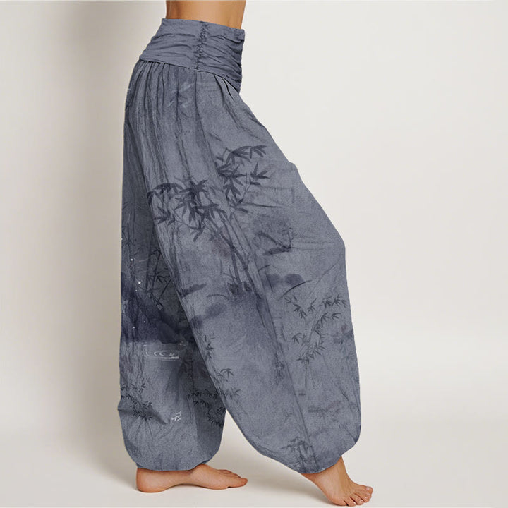 Buddha Stones Casual Bamboo Rock Ink Painting Women's Elastic Waist Harem Pants - image 1