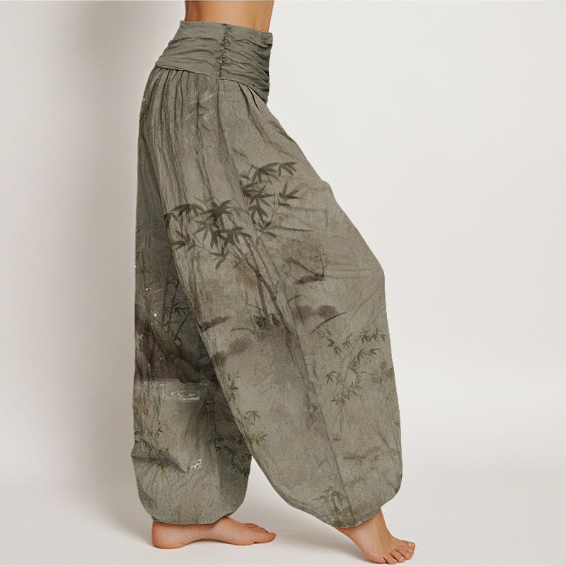 Buddha Stones Casual Bamboo Rock Ink Painting Women's Elastic Waist Harem Pants - image 5