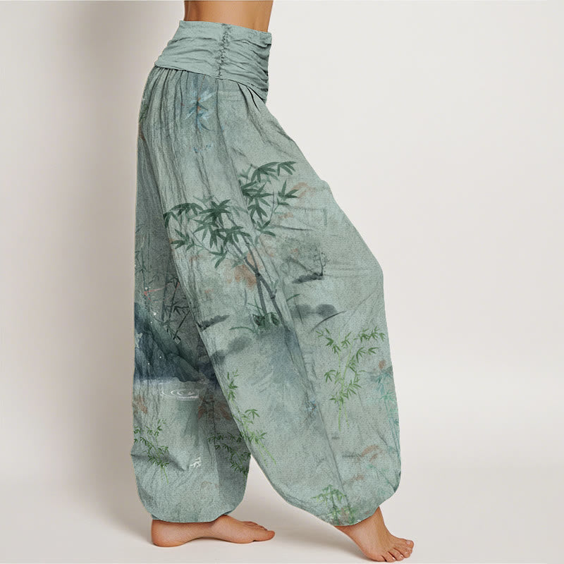 Buddha Stones Casual Bamboo Rock Ink Painting Women's Elastic Waist Harem Pants - image 8