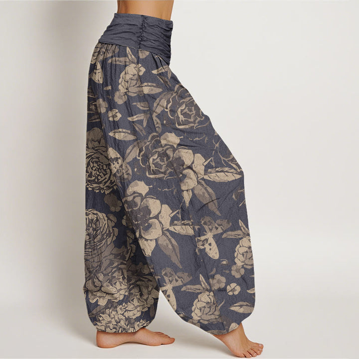Buddha Stones Cotton Casual Peony Flowers Leaves Women's Elastic Waist Harem Pants - image 1