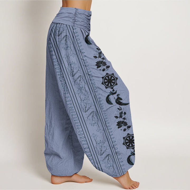 Buddha Stones Cotton Dharma Wheel Lotus OM Pattern Women's Elastic Waist Harem Pants - image 1