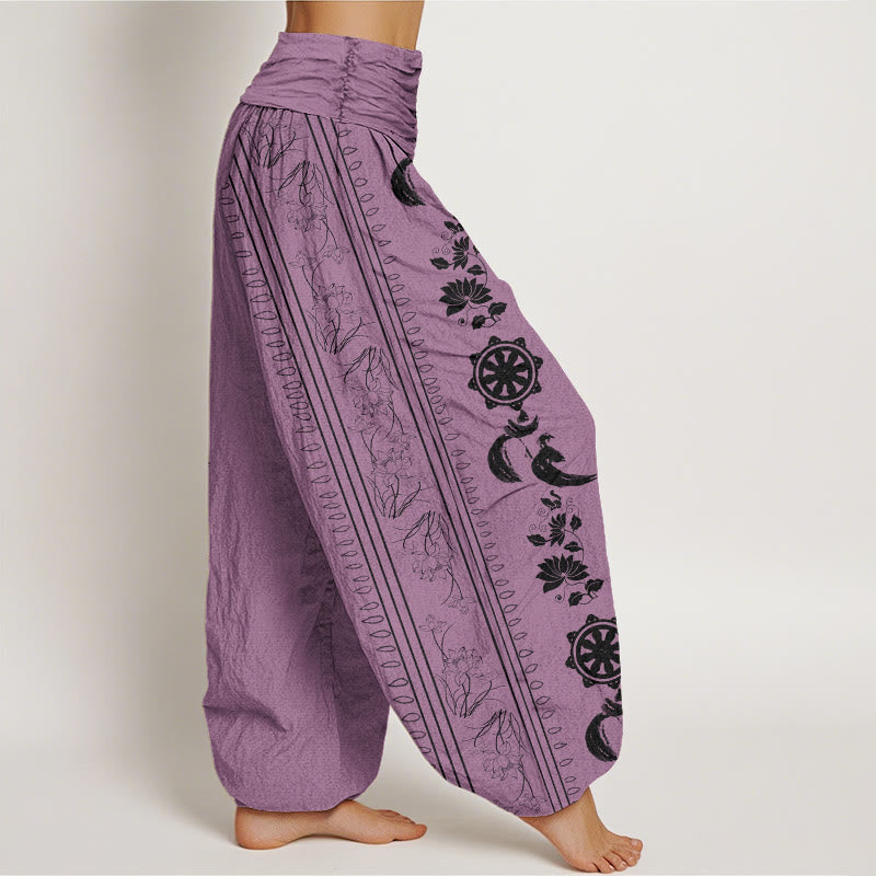 Buddha Stones Cotton Dharma Wheel Lotus OM Pattern Women's Elastic Waist Harem Pants - image 8