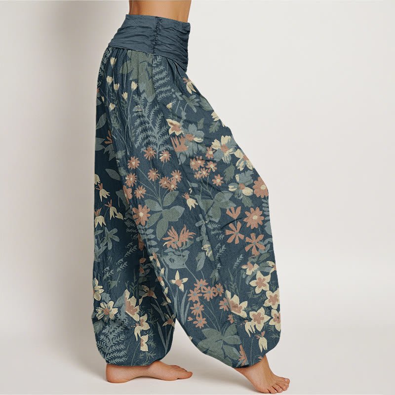 Buddha Stones Casual Daisy Flowers Leaves Design Women's Elastic Waist Harem Pants - image 1