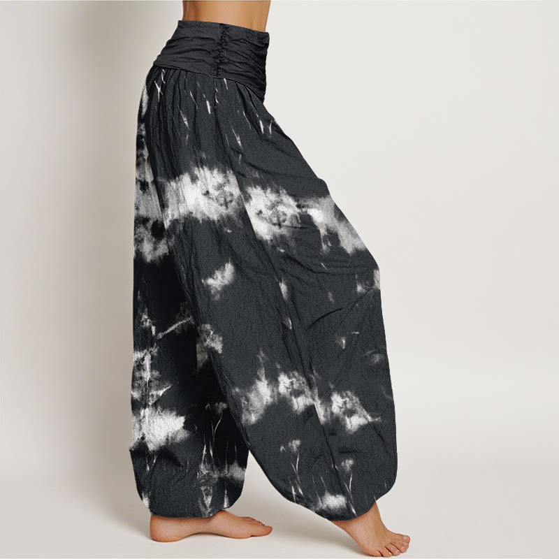 Buddha Stones Cotton White Lines Spots Tie-Dye Pattern Women's Elastic Waist Harem Pants - image 1