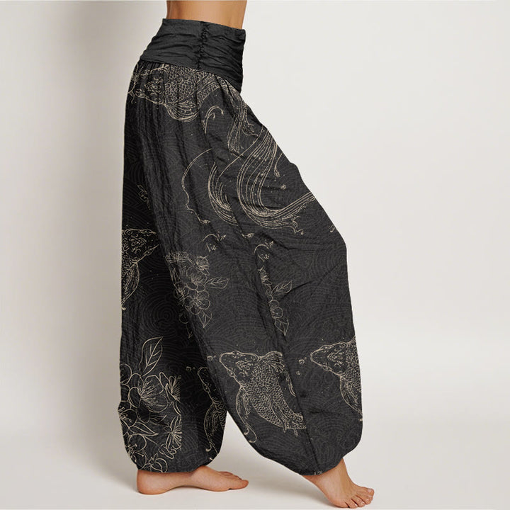 Buddha Stones Cotton Koi Fish Floral Pattern Women's Elastic Waist Harem Pants - image 1